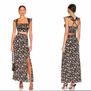 Free People Bijou 2 Pc Floral Set Sz 4 Black Cottagecore Open Back Maxi Skirt